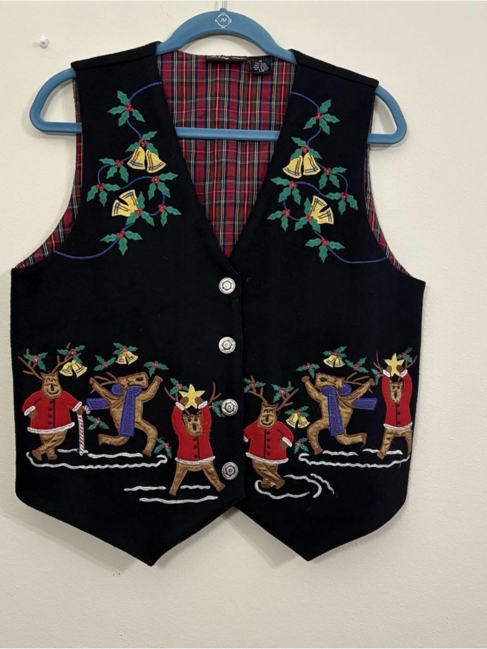 Ashley Hill Vest Christmas Wool Blend Womens M Reindeer Plaid Lined Mistletoe
